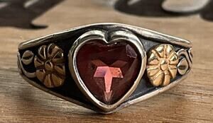 Retired James Avery Sterling Silver And 14k Gold Garnet Red Heart Ring Size 6